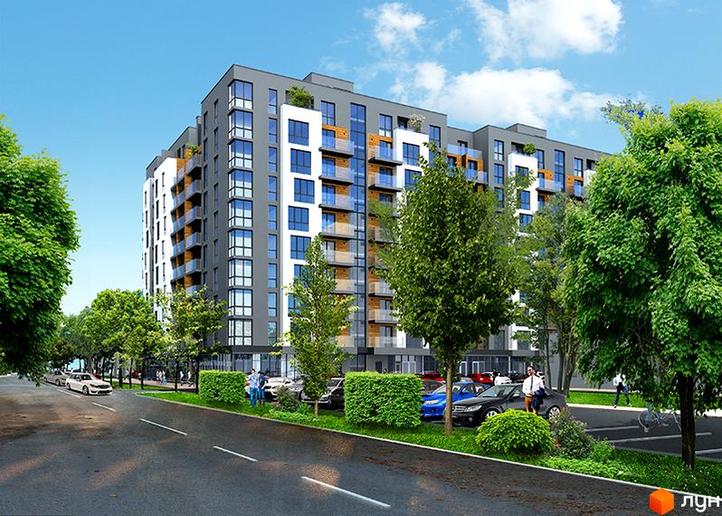 Житловий комплекс Липська Вежа з сірими та білими фасадами, скляними балконами та зеленою прибудинковою територією з деревами та кущами.