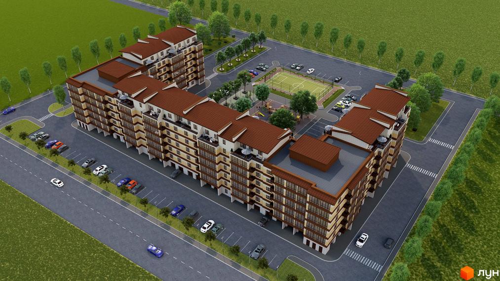 Зображення ЖК Мрія Золочів з висоти пташиного польоту. Багатоквартирний будинок з коричневим дахом та прибудинковою територією з парковкою, дитячим майданчиком та спортивним полем.