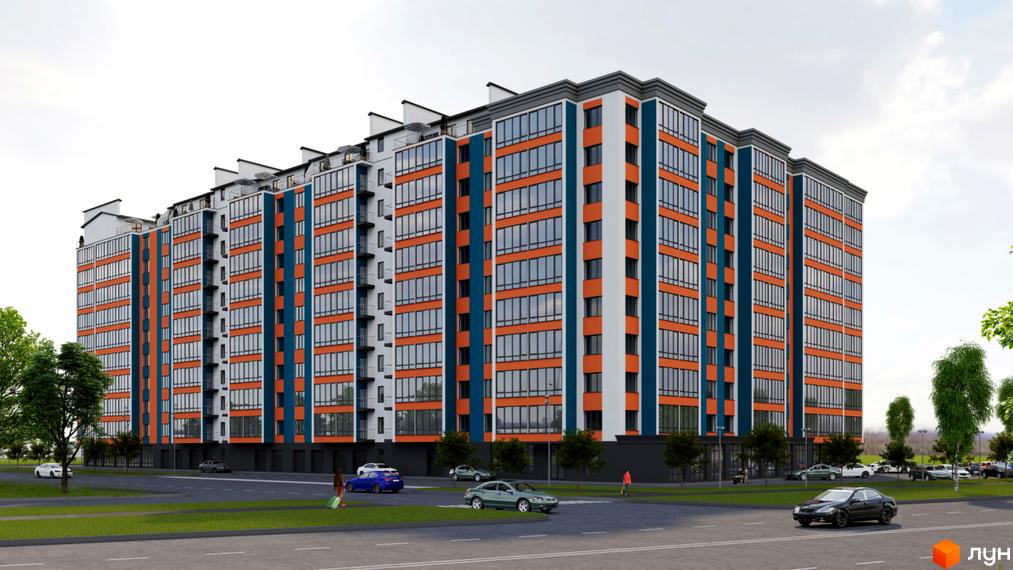 Багатоповерховий будинок Житлового комплексу Мрія на Покровській з помаранчевими та синіми фасадами. Навколо дорога, зелені насадження та автомобілі.