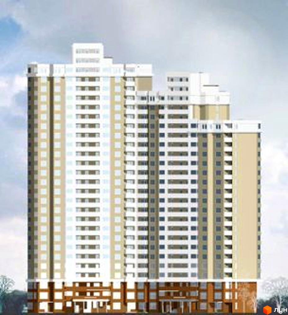 Будинок на Пчілки, висотна новобудова з балконами та сучасним фасадом, оточена зеленими насадженнями.