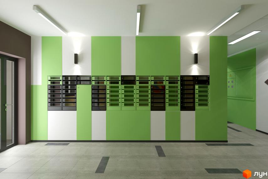 Житловий комплекс Злагода. Хол з поштовими скриньками, стіни пофарбовані в зелений та білий колір. Підлога з сірої плитки, стеля з лінійними світильниками.