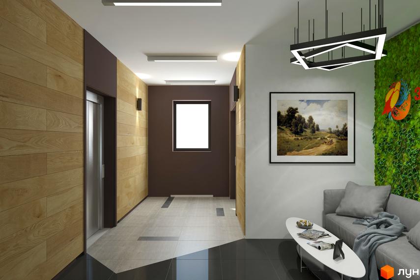 Інтер'єр холу в ЖК Злагода. Світлий коридор з дерев'яними панелями на стінах, ліфтом та картиною. Сучасний дизайн з елементами рослинного декору.