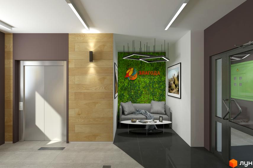 Інтер'єр холу Житловий комплекс Злагода з ліфтом, диваном та картинами. Світлий простір з великими вікнами та сучасним дизайном.