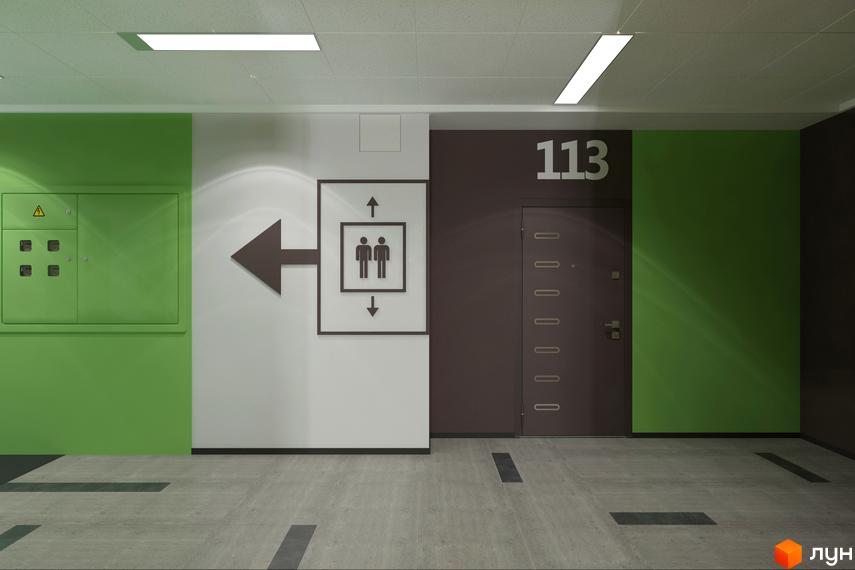 Коридор в ЖК Злагода з ліфтом та дверима. На стінах зелені та коричневі панелі, на стелі освітлення. На підлозі плитка.