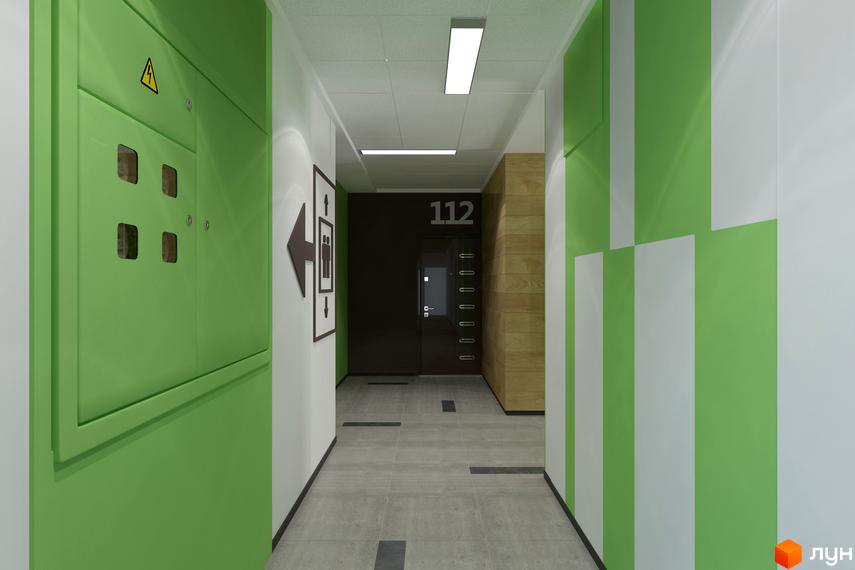 Коридор житлового комплексу. Зелені та білі смуги на стінах, двері з номером 112. На стіні покажчик ліфта.