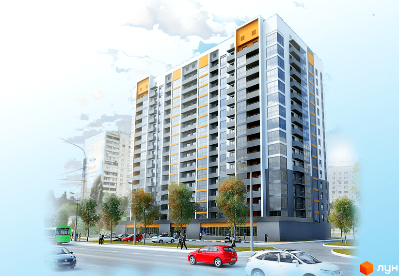 Житловий комплекс Слобожанський квартал-2: багатоповерховий будинок з сірими та білими фасадами, жовтими акцентами та балконами. Навколо будинку дорога з автомобілями та зелені насадження.