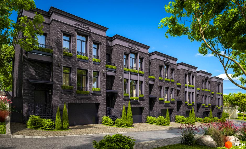 Фасад таунхаусів Sherlock Home з темної цегли, вікнами та зеленню на балконах. Прибудинкова територія з доглянутими кущами та деревами.