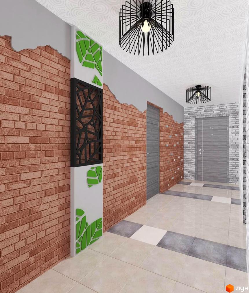 Дизайн холу в новобудові ЖК Гармонія-2 з цегляною кладкою та декоративними елементами. Сучасний інтер'єр входу до житлового комплексу.