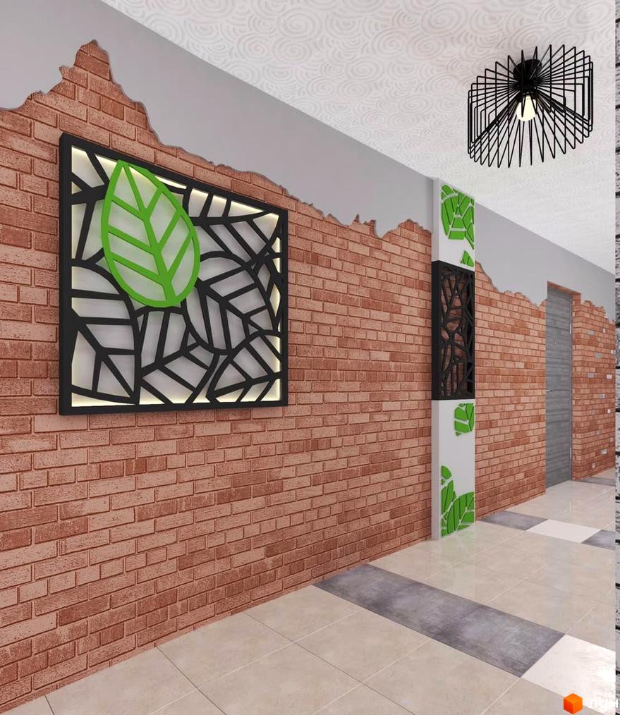 Житловий комплекс Гармонія-2. Вхідна група з цегляною стіною та декоративним панно з листям. Сучасне освітлення.