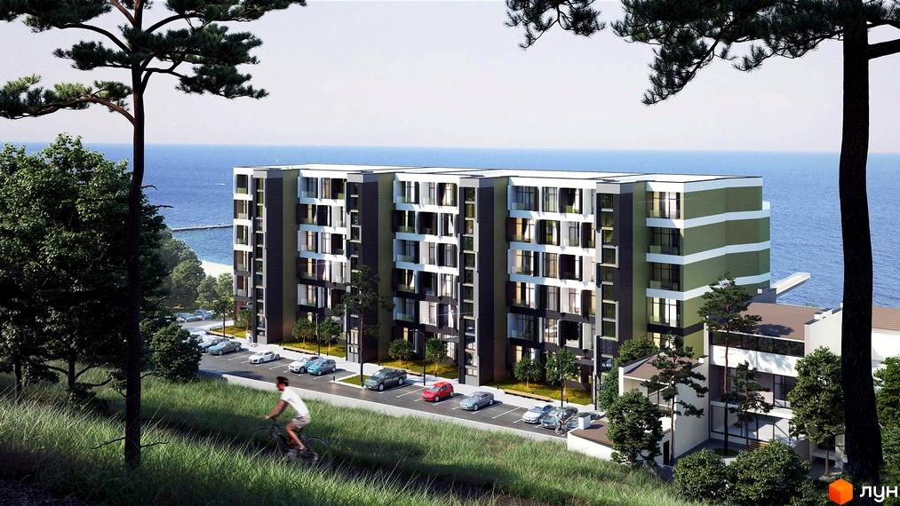 Житловий комплекс MAGNÍT. Будинок на Фонтані з багатою зеленою територією та автомобілями біля будинку. Комплекс розташований біля моря.