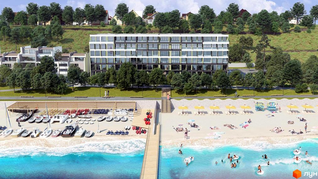 Житловий комплекс MAGNÍT. Будинок на Фонтані з видом на море та пляж. Сучасна архітектура будівлі, зона відпочинку з парасольками та шезлонгами, яхти та човни на березі.