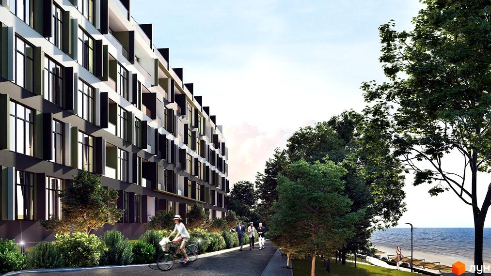 Житловий комплекс MAGNÍT. Будинок на Фонтані з фасадами з вікон та балконів, розташований біля парку та моря. На території комплексу є доріжка для прогулянок та велосипедних поїздок.