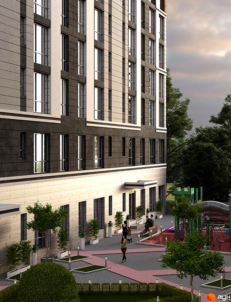 Зовнішній вигляд будинку ЖК Район-2 з великою кількістю вікон та прибудинковою територією з дитячим майданчиком та зонами відпочинку.