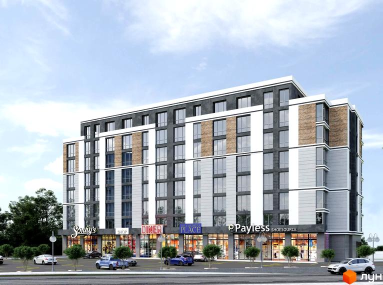 Зовнішній вигляд житлового комплексу Район-2 з магазинами на першому поверсі та парковкою. Сучасна архітектура з великою кількістю вікон та комбінованими фасадами.