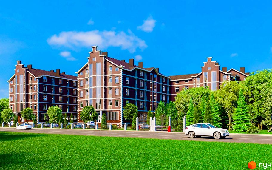Житловий комплекс Лондон Парк - цегляні будинки з коричневим дахом та великими вікнами, зелена галявина та дерева навколо.