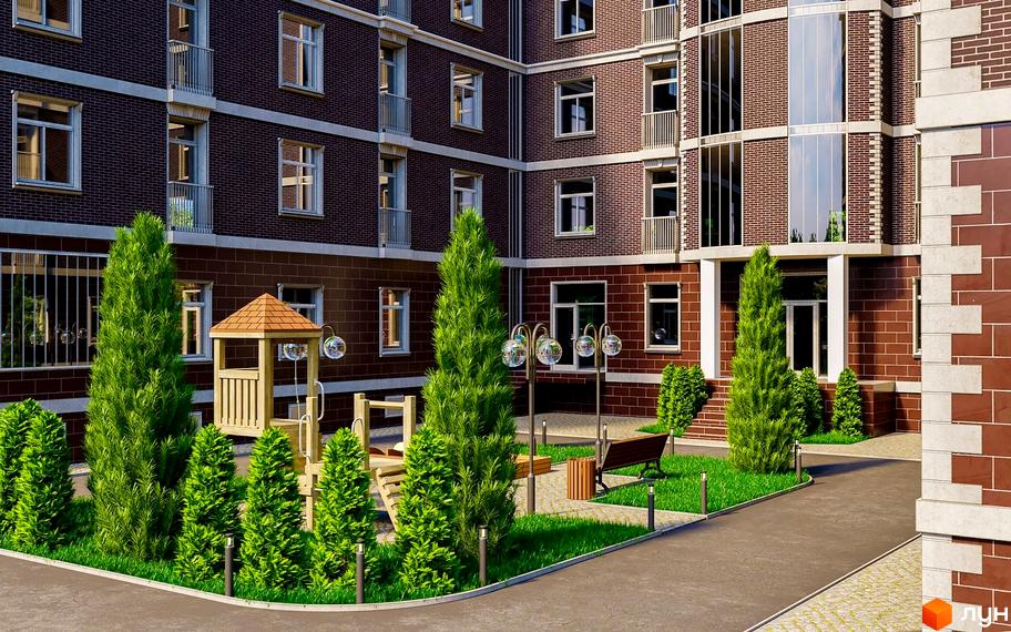 Житловий комплекс Лондон Парк з цегляним фасадом та зеленою прибудинковою територією з дитячим майданчиком та лавкою.