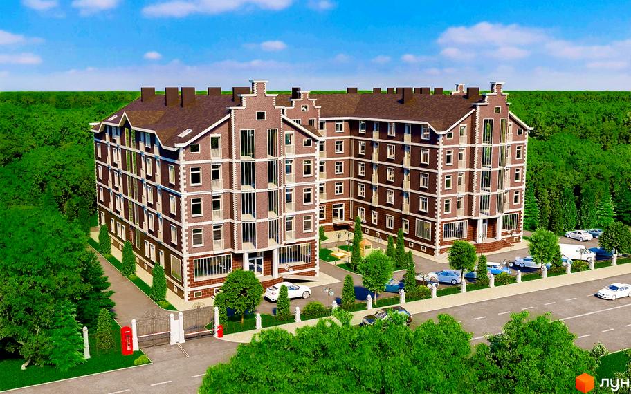 Житловий комплекс Лондон Парк з цегляним фасадом та зеленими деревами навколо. На території є доглянута прибудинкова територія з парковкою та дорогою.