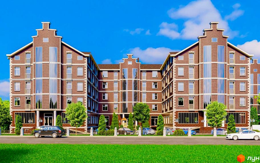 Зовнішній вигляд житлового комплексу Лондон Парк з червоної цегли, з великими вікнами та балконами, на тлі блакитного неба з хмарами. Навколо комплексу зелені дерева та доглянута територія з автомобілями.