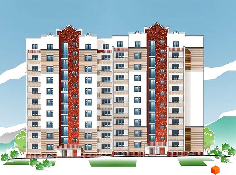 Багатоповерхова Новобудова на вул. Озерна, 6/3, з білими та бежевими фасадами, червоними вертикальними вставками та зеленими насадженнями навколо.