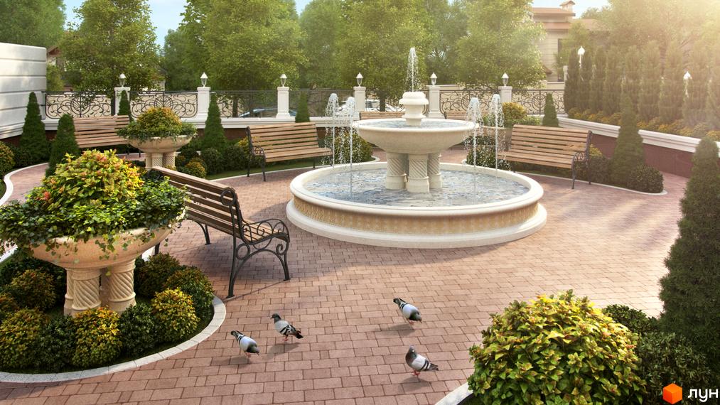 Пейзаж Таунхаусів Senator Club Residence з доглянутим двором, великим фонтаном, лавками та зеленими насадженнями. Видно частину будівель.