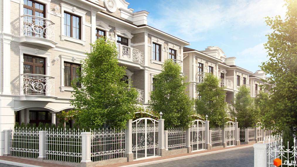 Senator Club Residence — житловий комплекс з білими фасадами та кованими балконами. Територія огороджена білим кованим парканом з зеленими насадженнями.