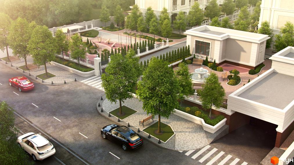 Таунхауси Senator Club Residence з світлими фасадами та підземним паркінгом. Прибудинкова територія має доглянуті дерева, дитячий майданчик та фонтан.