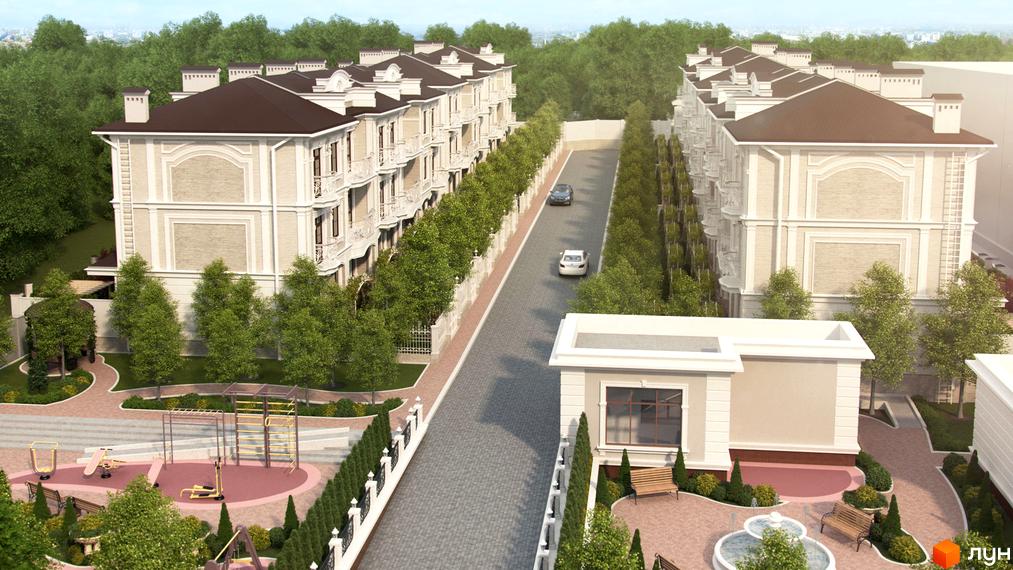 Senator Club Residence - зображення фасаду будинку. На території комплексу розташовані дитячий майданчик, місця для відпочинку та парковка для автомобілів.