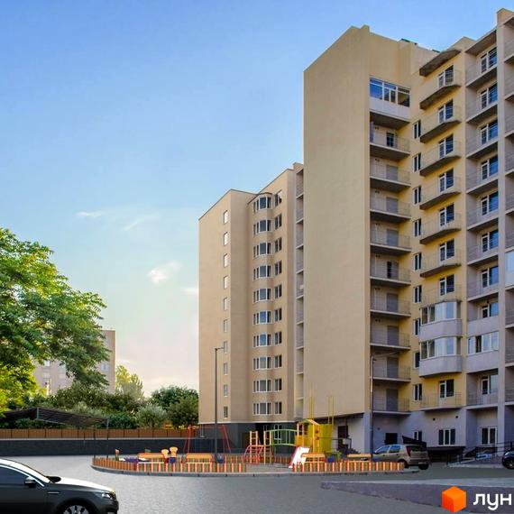 Житловий комплекс Олімп з жовтим фасадом та балконами, дитячим майданчиком та деревами на прибудинковій території.