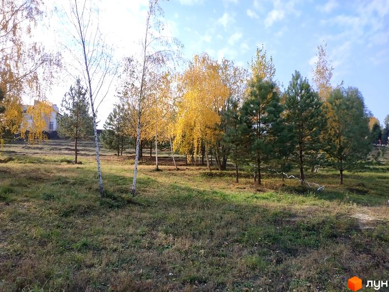 Котеджне містечко Lisnyky Club: світлі котеджі серед осінніх дерев та зелених галявин під блакитним небом.