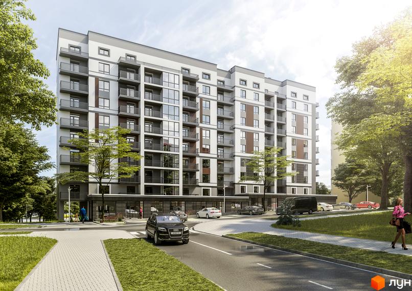 Зовнішній вигляд новобудови ЖК Срібні Озера Комфорт з балконами та панорамними вікнами, прибудинкова територія з дорогою та деревами.