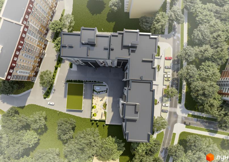 Аерофотозйомка комплексу Срібні Озера Комфорт з дитячим майданчиком та парковкою. Зовнішній вигляд будівель та прибудинкова територія.