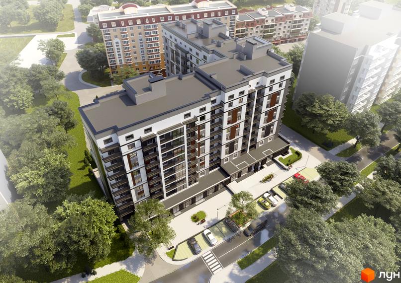 Зовнішній вигляд ЖК Срібні Озера Комфорт з фасадами білого та коричневого кольору, балконами та прибудинковою територією з деревами та парковкою.