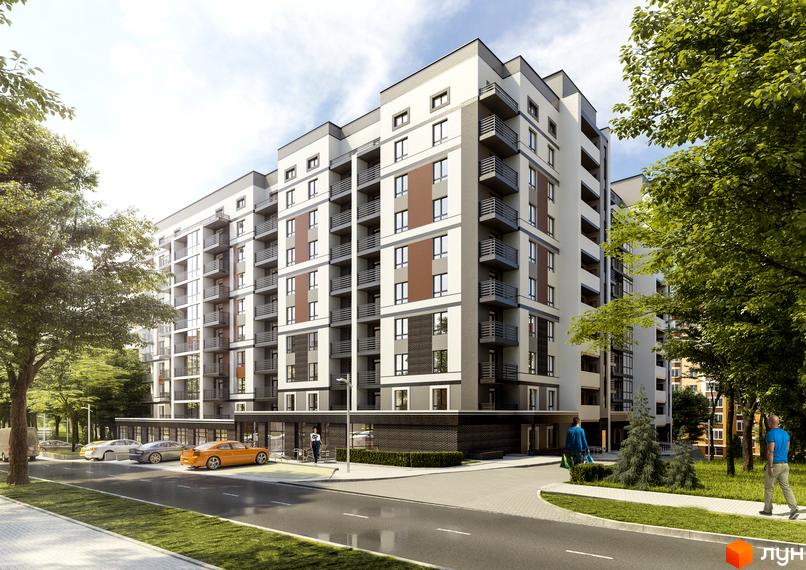 Зовнішній вигляд житлового комплексу Срібні Озера Комфорт з фасадами світлих та темних кольорів, балконами та прибудинковою територією з деревами та автомобілями.