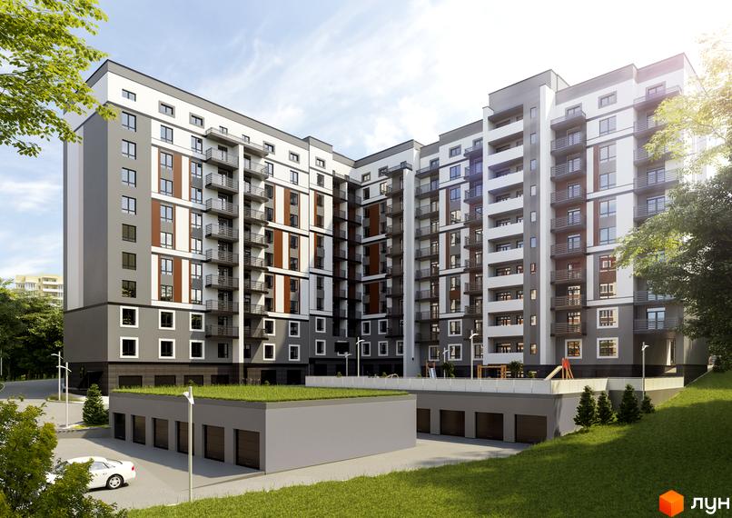 Зовнішній вигляд багатоквартирного будинку ЖК Срібні Озера Комфорт з балконами та вікнами. Прибудинкова територія з газоном та гаражами.