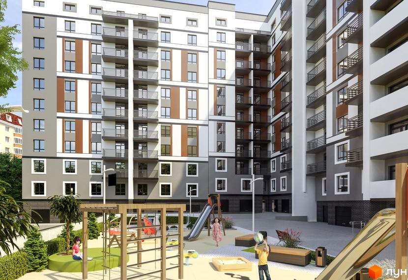 Житловий комплекс Срібні Озера Комфорт з сучасним фасадом та дитячим майданчиком. Зовнішній вигляд новобудови та прибудинкова територія.