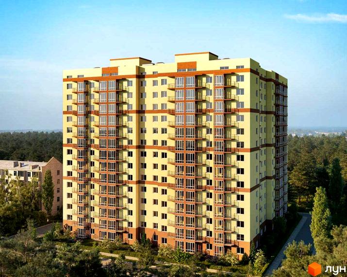 Зовнішній вигляд новобудови ЖК Лісовий-2 з численними балконами та вікнами, оточеної зеленими деревами та лісом.