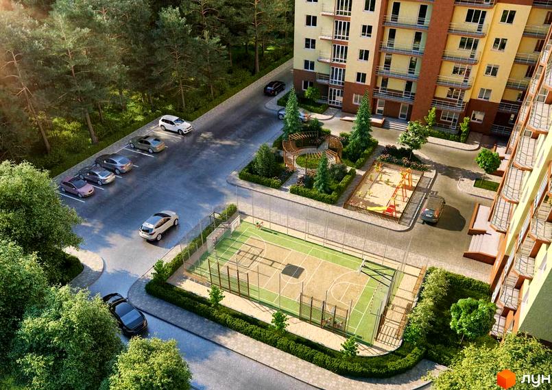 Житловий комплекс Лісовий-2: багатоповерховий будинок з балконами та прибудинкова територія зі спортивними майданчиками та дитячою зоною.