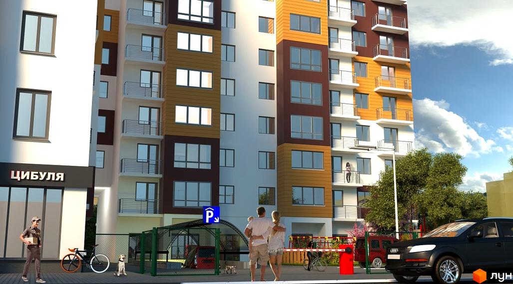 Новобудова вул. Залізнична, 3 з фасадом у коричневих та жовтих тонах. Прибудинкова територія включає парковку, зелені насадження та дитячий майданчик.