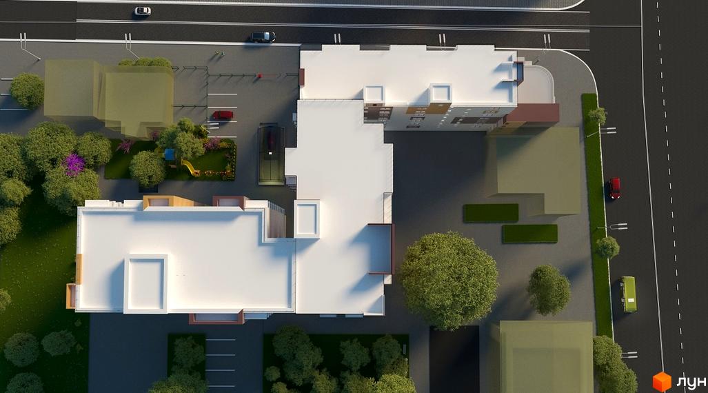 Вид зверху на житловий комплекс на вул. Залізнична, 3. Опис екстер'єру будівлі та прибудинкової території з дитячим майданчиком та зеленими насадженнями.