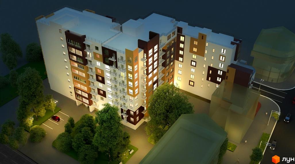 Зовнішній вигляд новобудови по вул. Залізнична, 3, з освітленими вікнами та балконами. Навколо будинку розташовані зелені насадження та парковка з автомобілем.