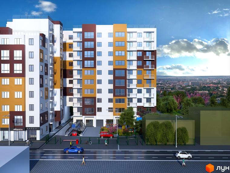 Зовнішній вигляд багатоповерхового житлового комплексу з фасадами білого, коричневого та жовтого кольорів. На прибудинковій території видно дорогу, автомобілі та зелені насадження.