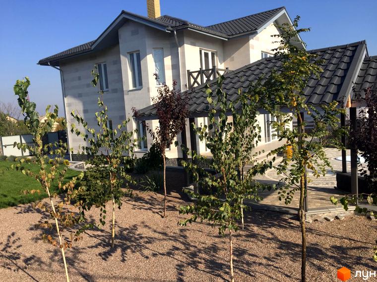 Будинок з світлим фасадом та темним дахом на вул. Лікаря Ніколенка, 11. Перед будинком гравійний двір з молодими деревами.