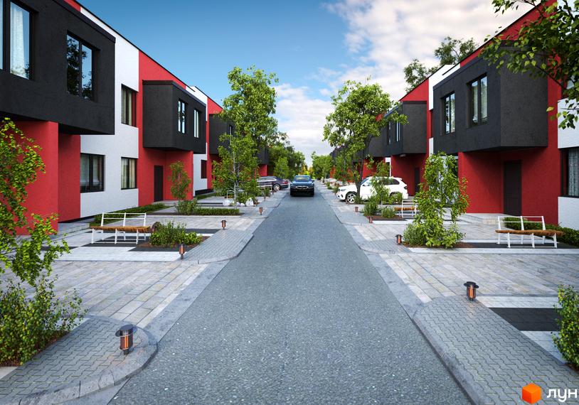 Таунхауси Мальованка з червоно-чорним фасадом та білими вставками. Навколо будівель розташована брукована територія з деревами та лавками.