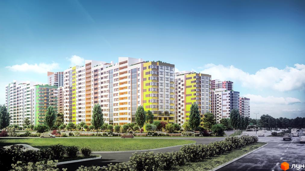 Зовнішній вигляд житлового комплексу Чарівне Місто з різнокольоровими фасадами та прибудинковою територією з деревами та кущами. Новобудова з багатьма вікнами та балконами.