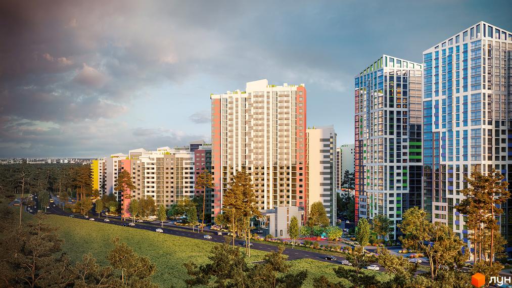 Житловий комплекс Чарівне Місто - сучасна архітектура з різнокольоровими фасадами та великими вікнами. Навколо комплексу зелені насадження та облаштована прибудинкова територія.