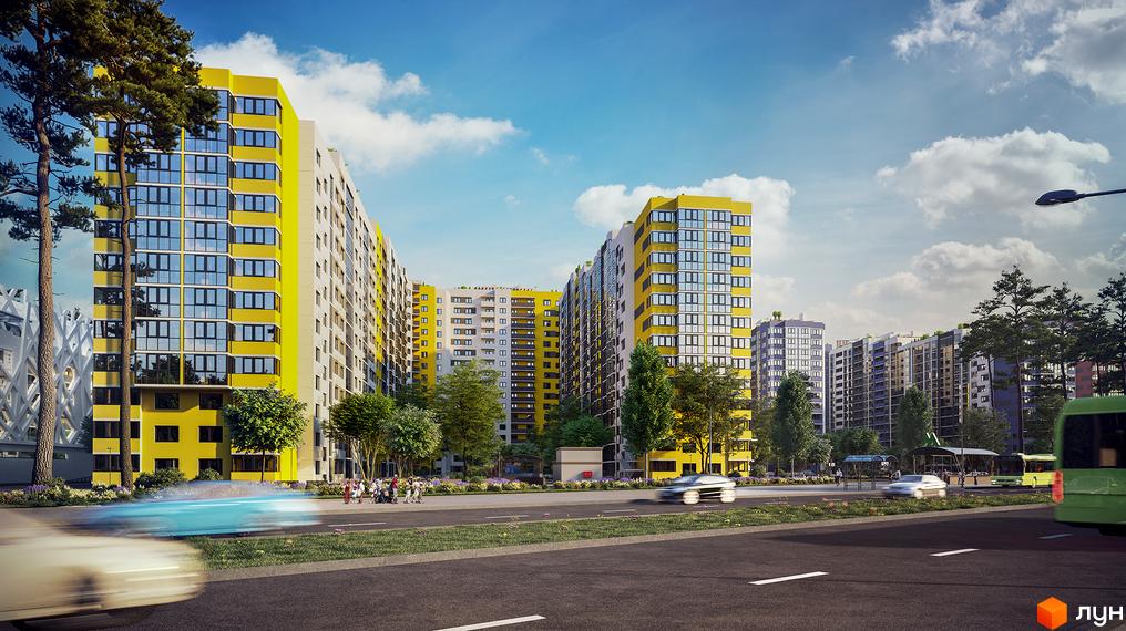 Житловий комплекс Чарівне Місто - це сучасні багатоповерхові будинки з яскравими жовтими фасадами та великими вікнами. Навколо комплексу зелені насадження та доглянута прибудинкова територія.