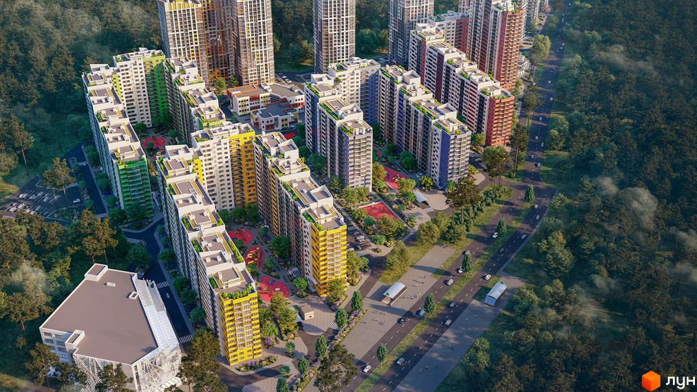 Житловий комплекс Чарівне Місто: багатоповерхові будинки різної висоти та кольору, зелені зони відпочинку, дитячі та спортивні майданчики, дороги та паркування.