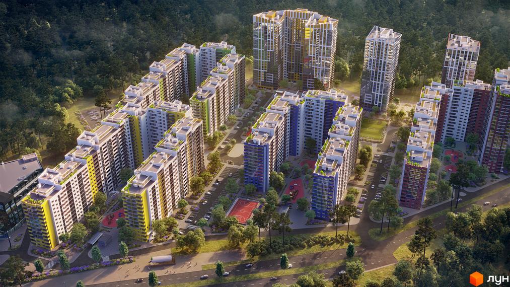 Житловий комплекс Чарівне Місто - це багатоповерхові будинки з яскравими фасадами, розташовані серед лісу. Територія комплексу облаштована спортивними майданчиками та зонами відпочинку.