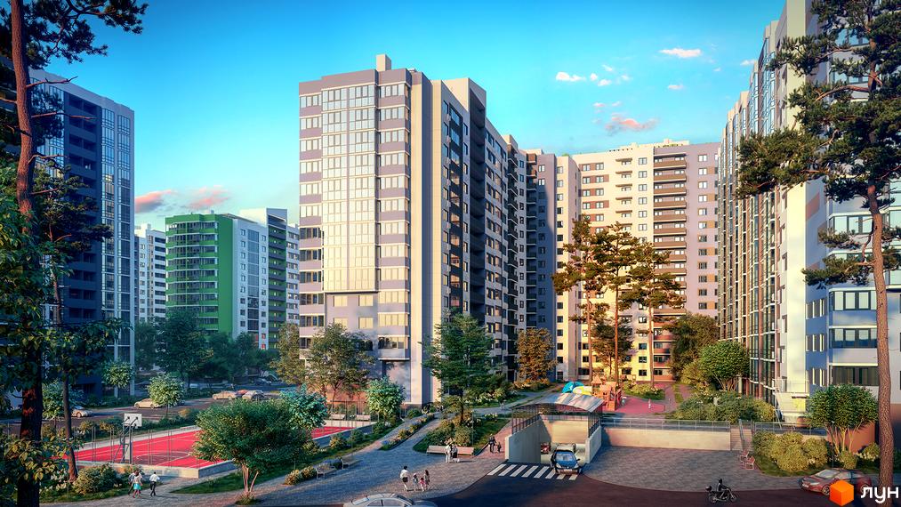 Житловий комплекс Чарівне Місто: сучасні багатоповерхові будинки з панорамними вікнами та зеленою прибудинковою територією зі спортивними майданчиками та зонами відпочинку.