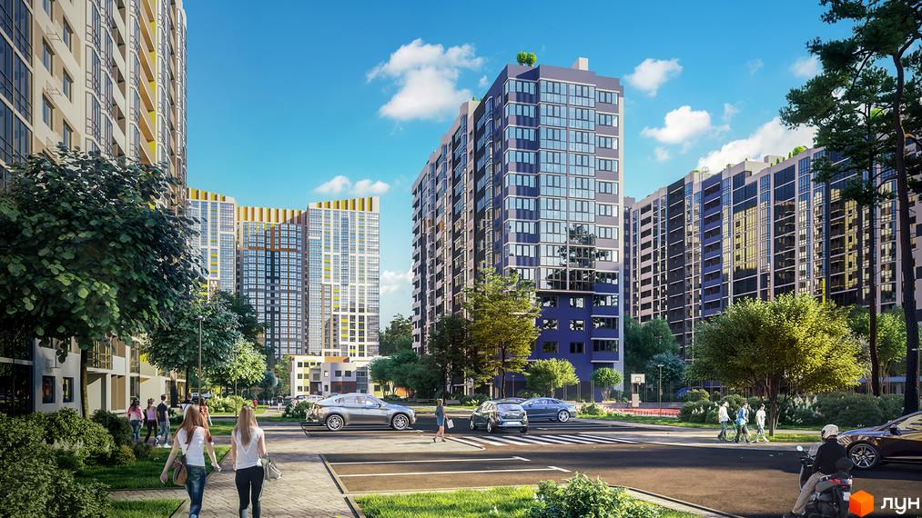 Житловий комплекс Чарівне Місто. Сучасні багатоповерхові будинки з великою кількістю вікон, зелена прибудинкова територія з пішохідними доріжками та місцями для відпочинку.